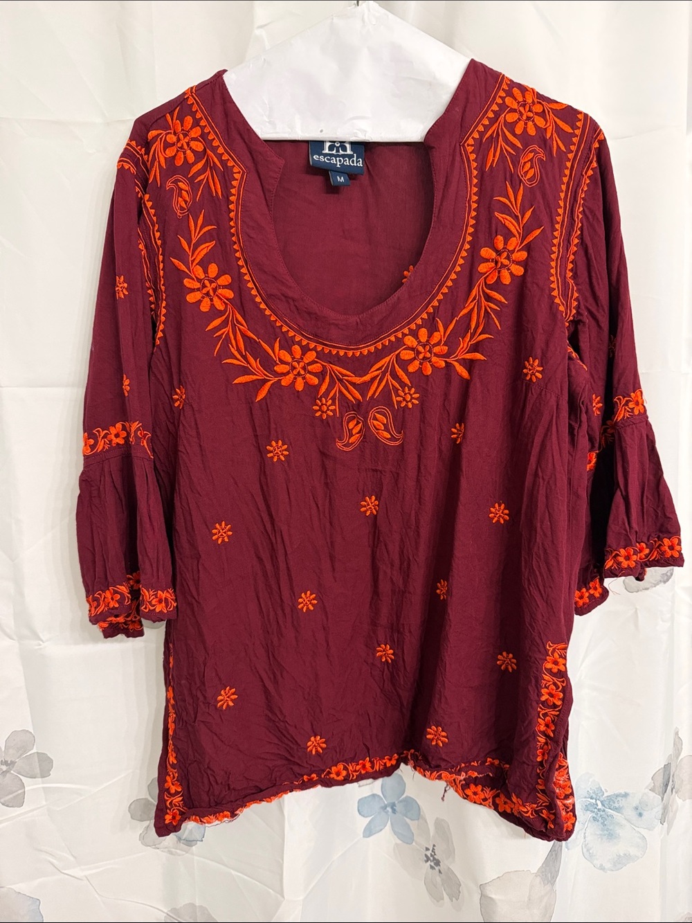escapada Maroon Tunic Top with Bright Orange Floral Embroidery